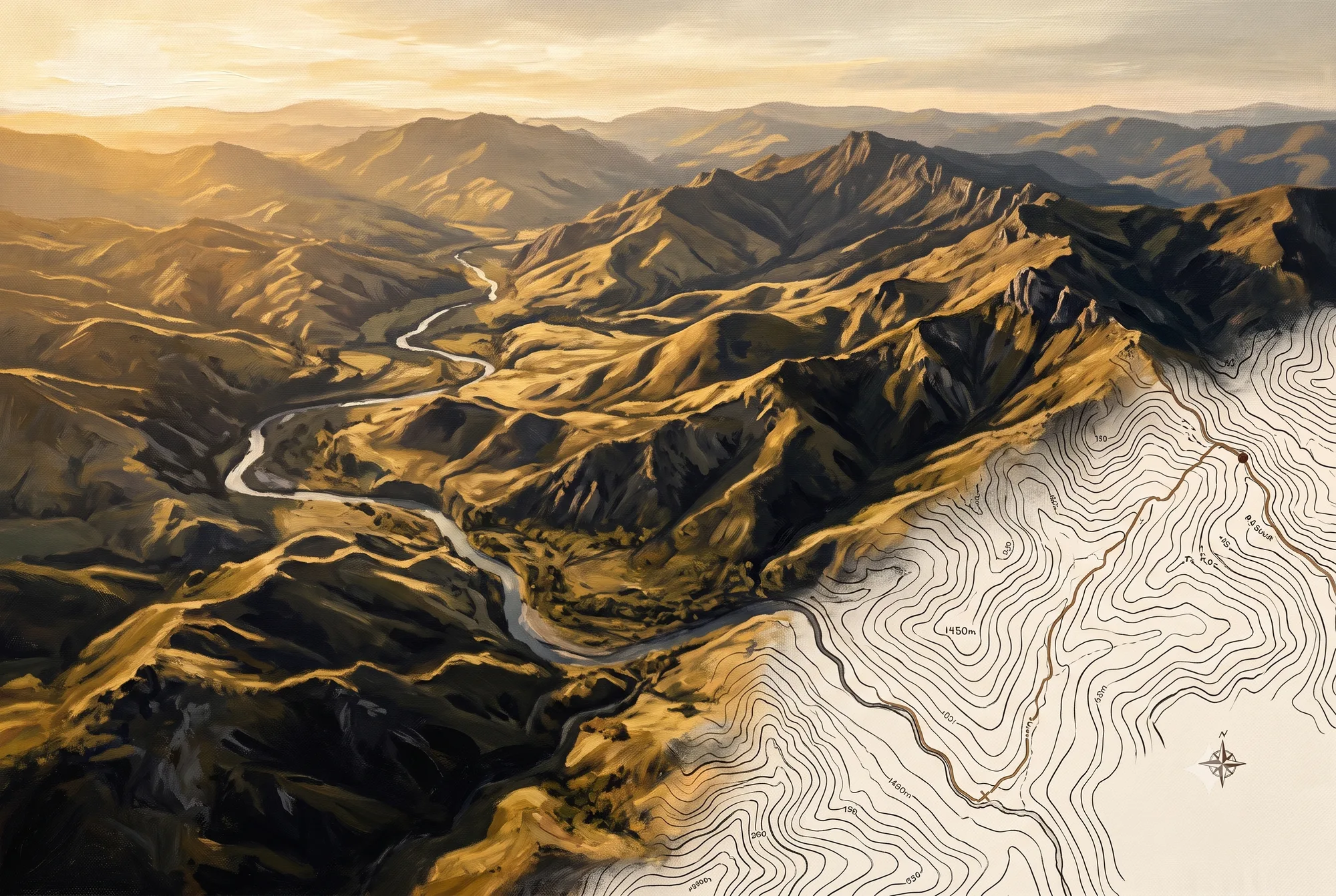 Painted aerial view of golden mountain ranges and a winding river dissolving into a hand-drawn contour map